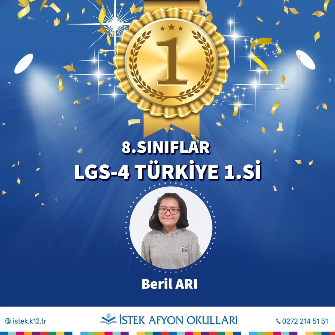 Türkiye Geneli uygulanan LGS-4 Deneme sınavında tüm soruları doğru cevaplayarak TÜRKİYE 1.si olan 8.sınıf öğrencimiz Beril ARI'nın başarılarının devamını diler. Emek veren Kıymetli Öğretmenlerimize ve desteklerini esirgemeyen sevgili velilerimize teşekkür
